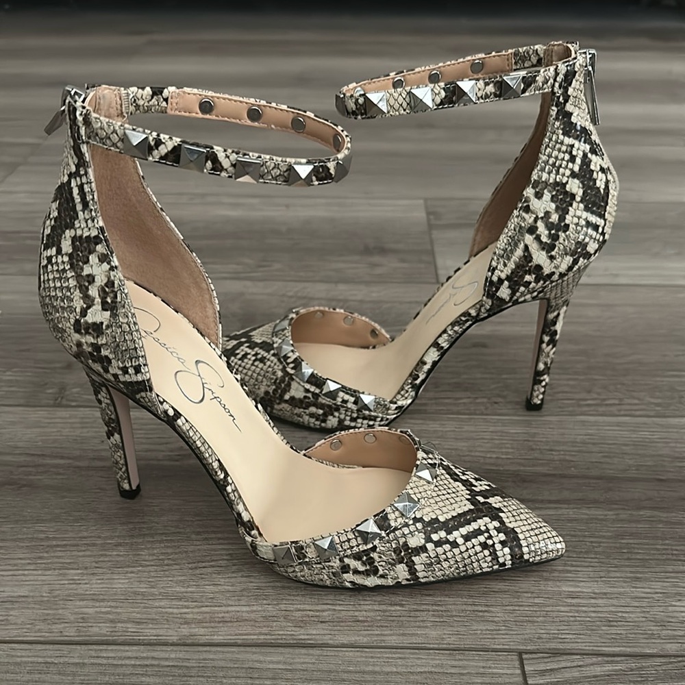 Jessica Simpson Elegant Black and White Stiletto Heels with Ankle Strap